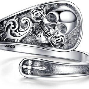 Skull Ring 925 Sterling Silver Spoon Rings Gothic Skulls Adjustable Rose Flower